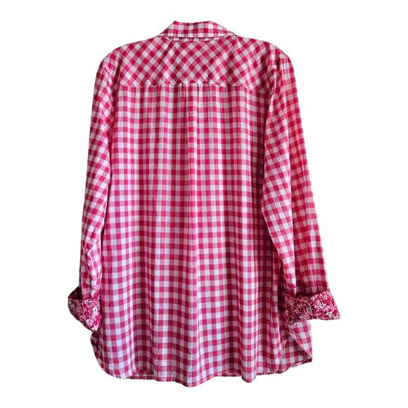 TALBOTS Women's L Blouse Pink White Gingham Check Contrast Cuffs Button Up 42" - Picture 6 of 7